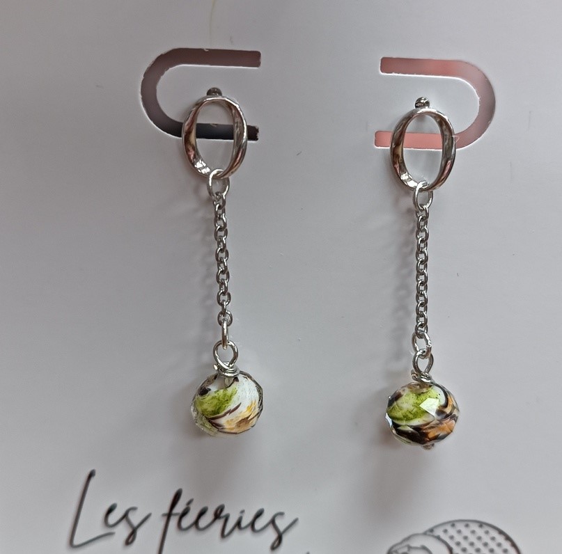 Boucles d'oreilles Argent 925 Ovales perles de Murano Orange/Vert (Fééries)