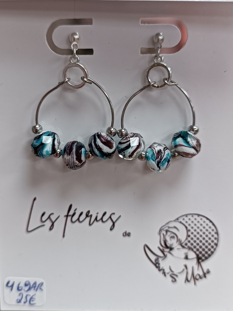 Boucles d'oreilles Argent 925 Rond perles de Murano Turquoise/Chocolat (Fééries)