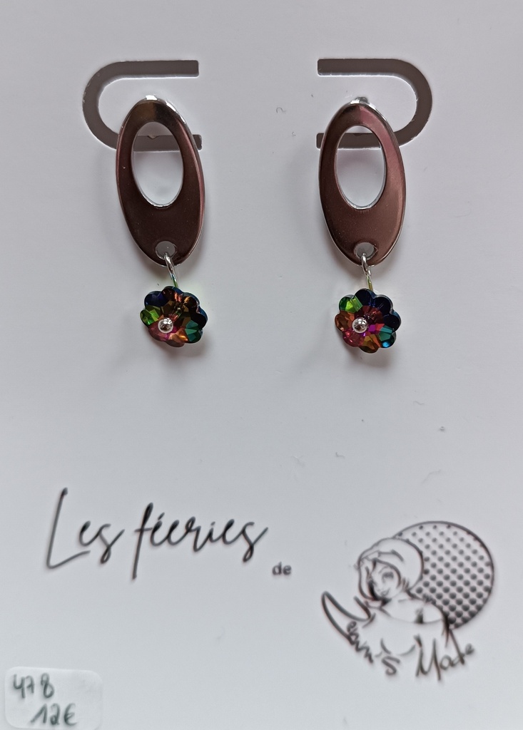 Boucles d'oreilles argentées ovales et fleurs Vitrail Medium