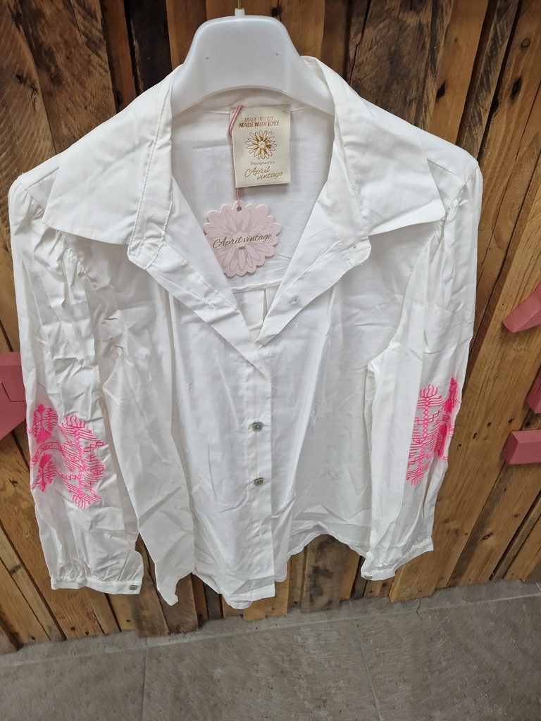 Chemise brodée aux manches "Rina" Blanc-Rose
