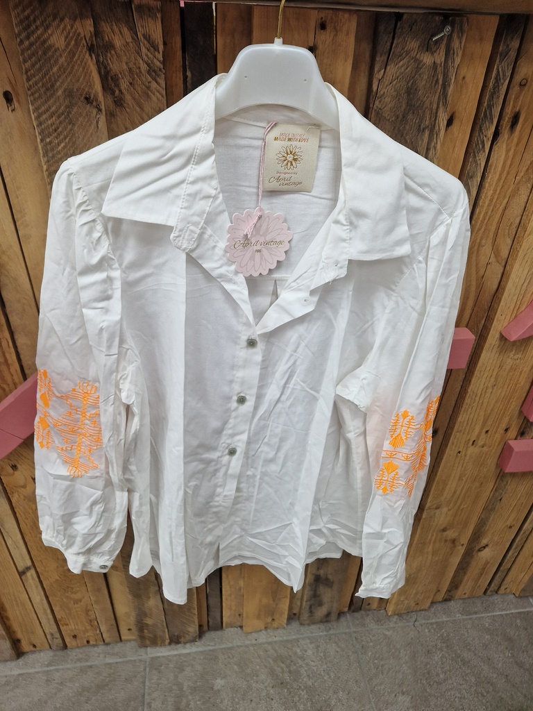 Chemise brodée aux manches "Rina" Blanc-Orange