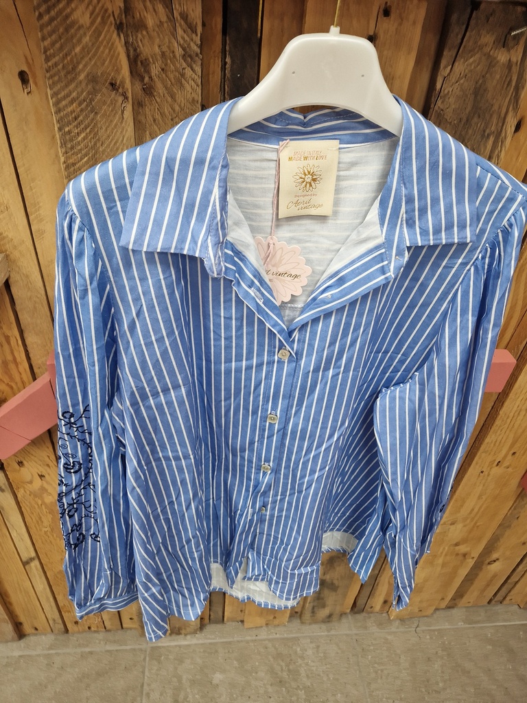 Chemise lignée broderie aux manches 36-44 bleu jeans