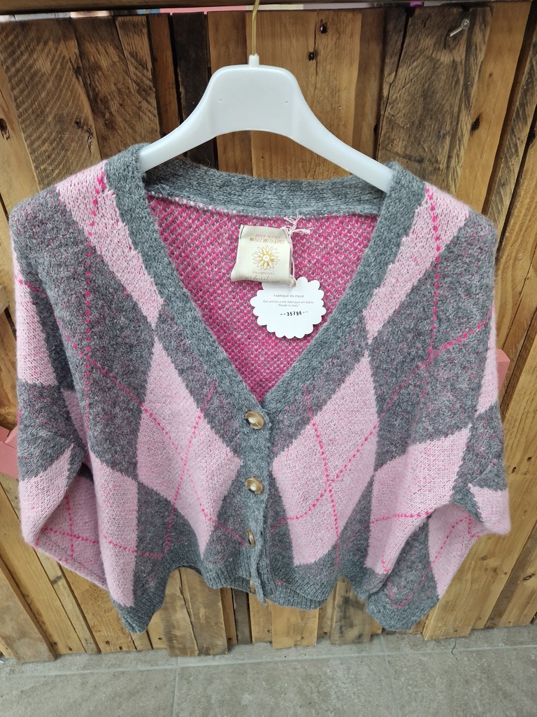 Gilet carreaux "Noélie" gris-rose