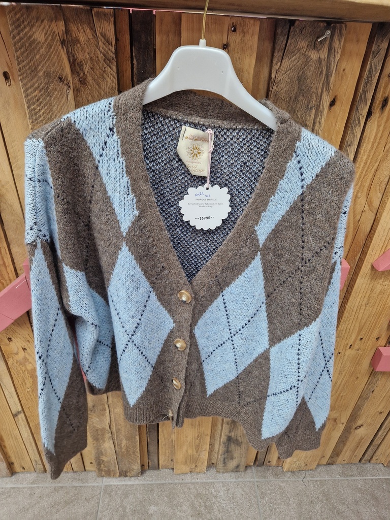 Gilet carreaux "Noélie" taupe-ciel