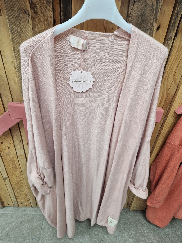 Gilet long uni "Oriane" rose poudré