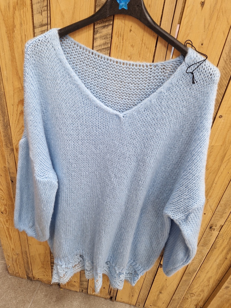 Pull dentelle "Myosotis" bleu ciel