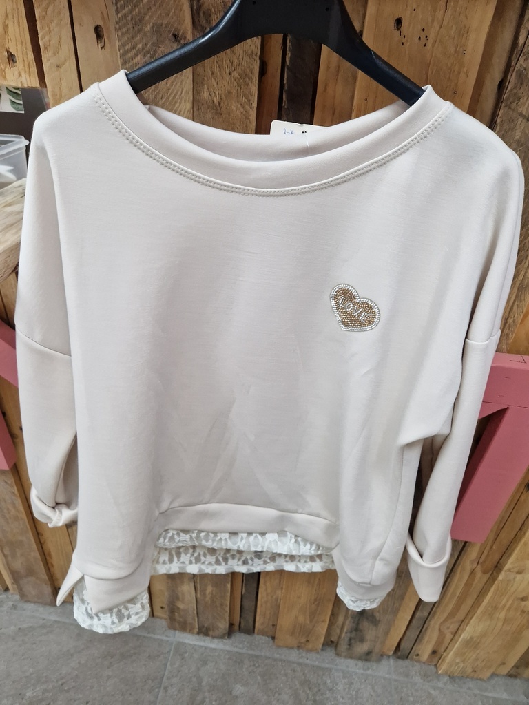 Pull love strass dentelle Beige