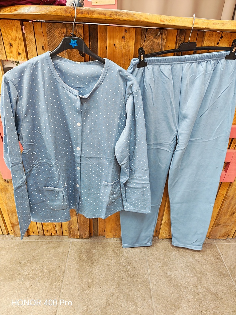 Pyjama Bleu clair coton pois blanc