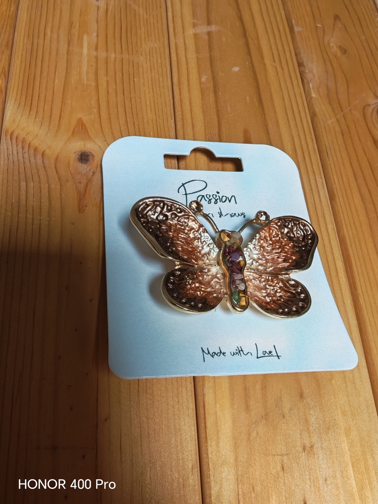 Broche aimantée papillon strass antenne brun
