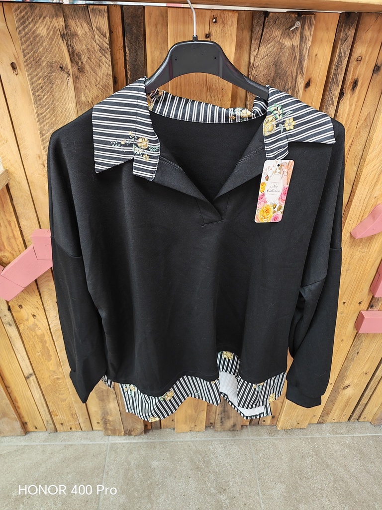 Pull chemise fleurs "Cereza" Noir