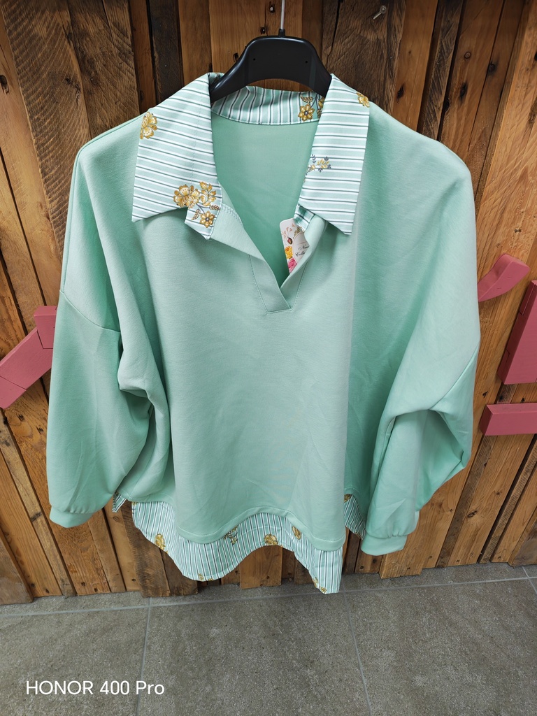 Pull chemise fleurs "Cereza" Vert eau