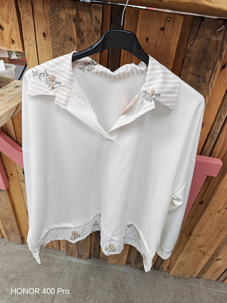 Pull chemise fleurs "Cereza" Blanc