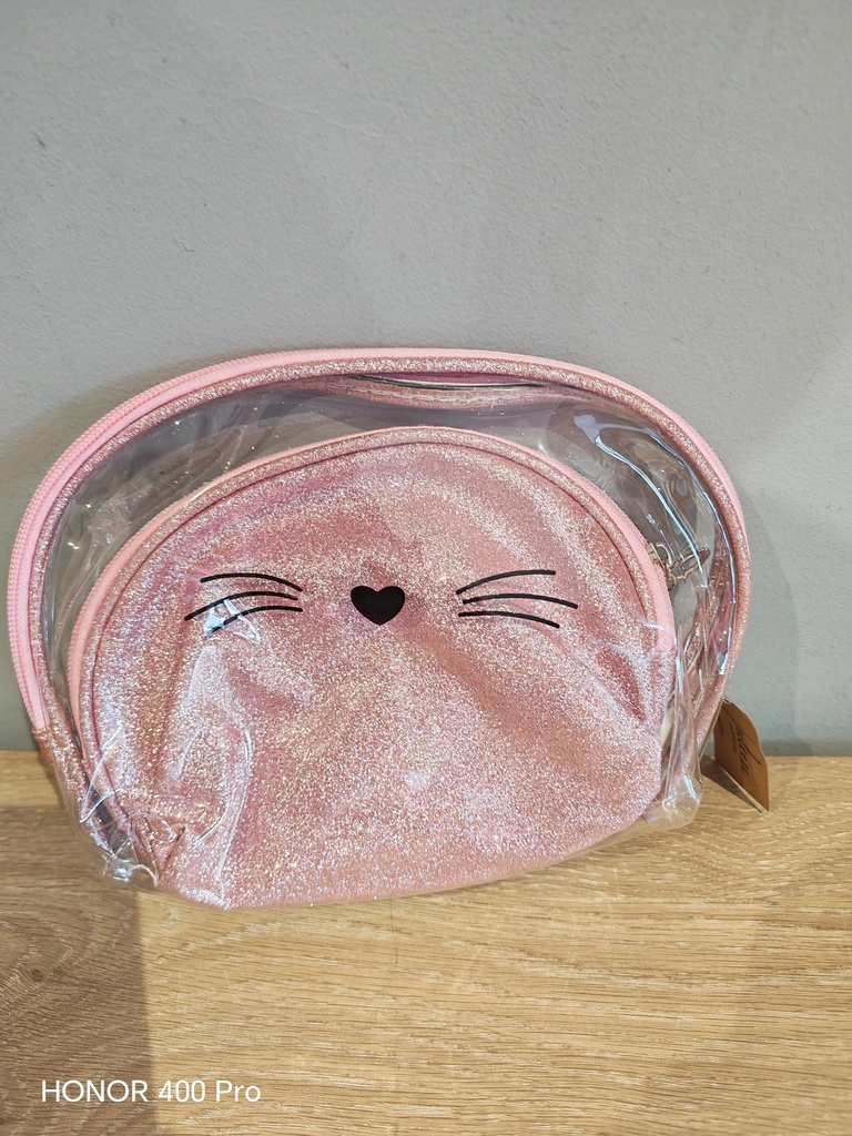 Double trousse chat pailletée rose pâle