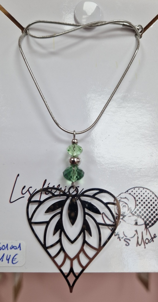 Collier argenté cœur ajouré perles aplaties Erenite & Péridot