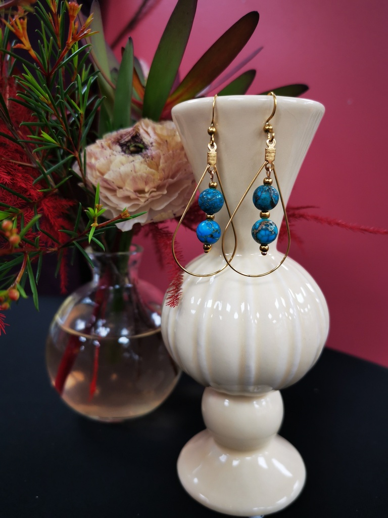 Boucles d'oreilles dorées gouttes Jaspes turquoises