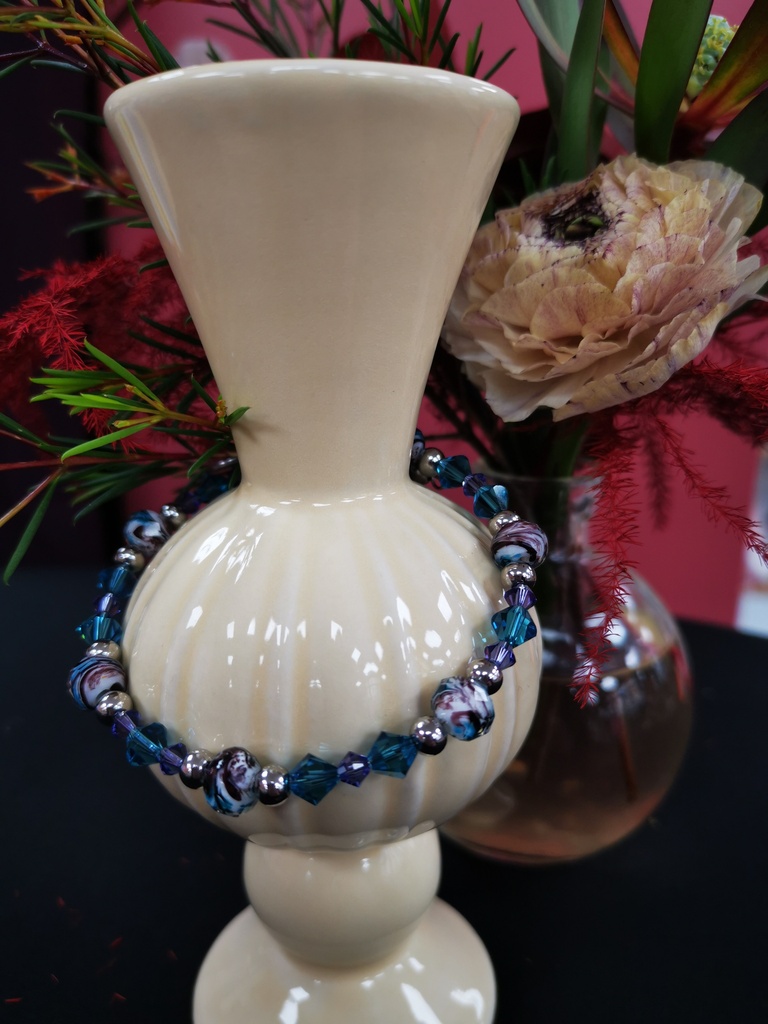 Bracelet argenté perles Murano et toupies Denim Blue & Iris