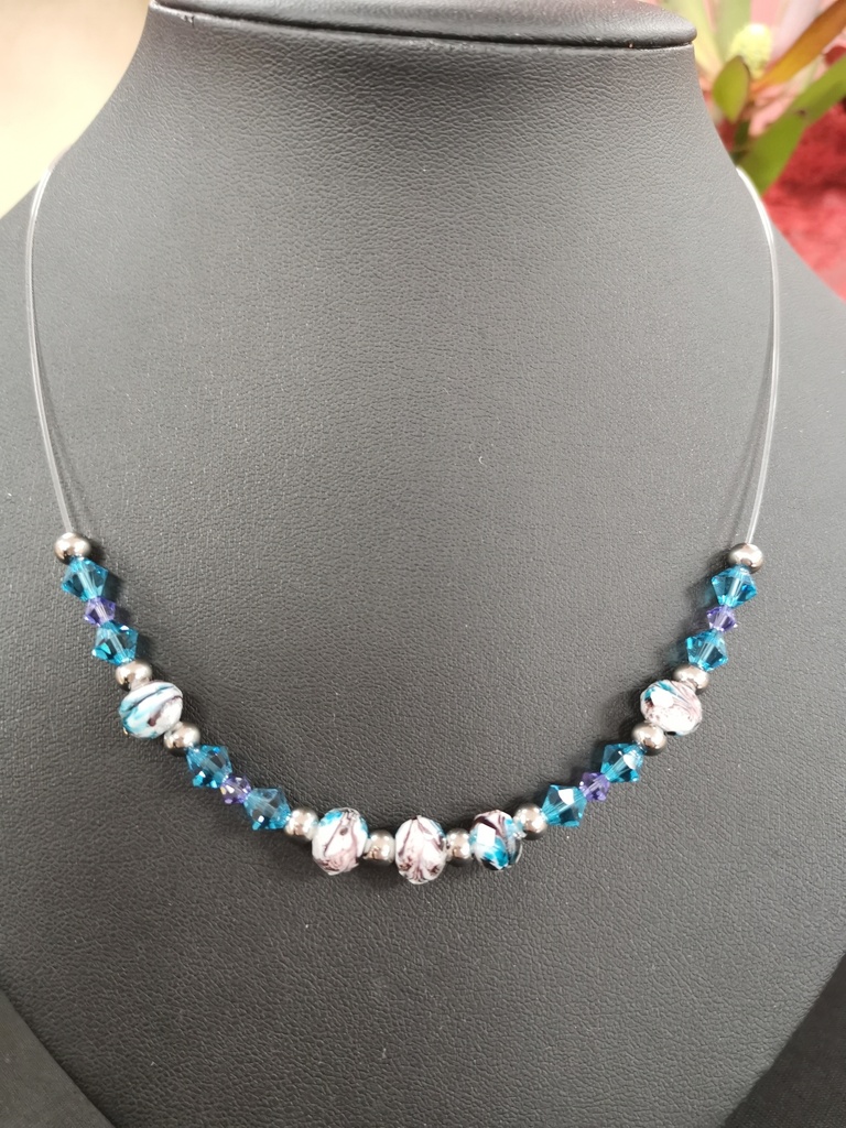 Collier transparent perles Murano toupies PureCrystal Denim Blue & Iris