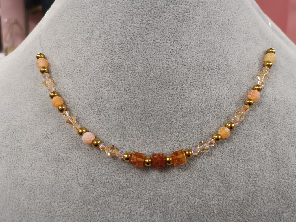 Collier transparent cubes Cristal de Roche, Agates orange toupies PureCrystal Light Peach & Caramel Light