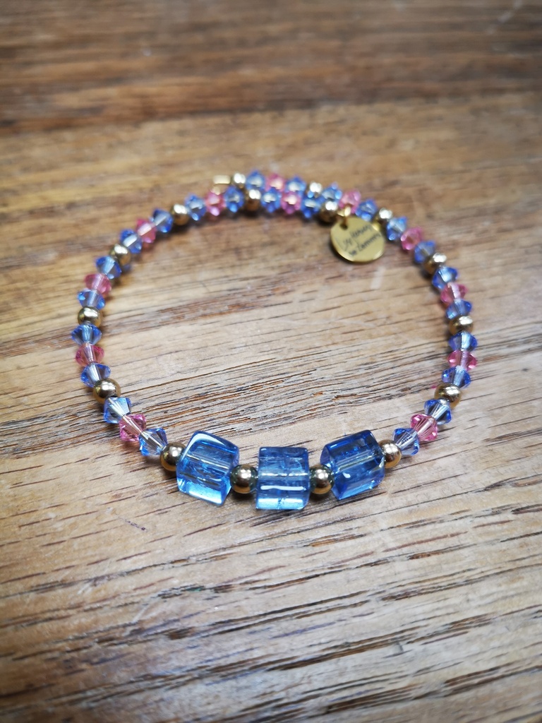 Bracelet doré cubes Cristal de Roche toupies PureCrystal Rose & Violet Moonlight