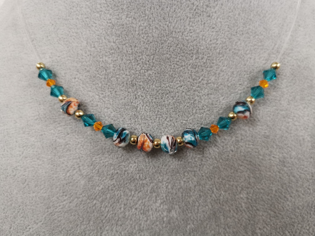 Collier transparent perles Murano et toupies Blue Zircon & Orange Fluo