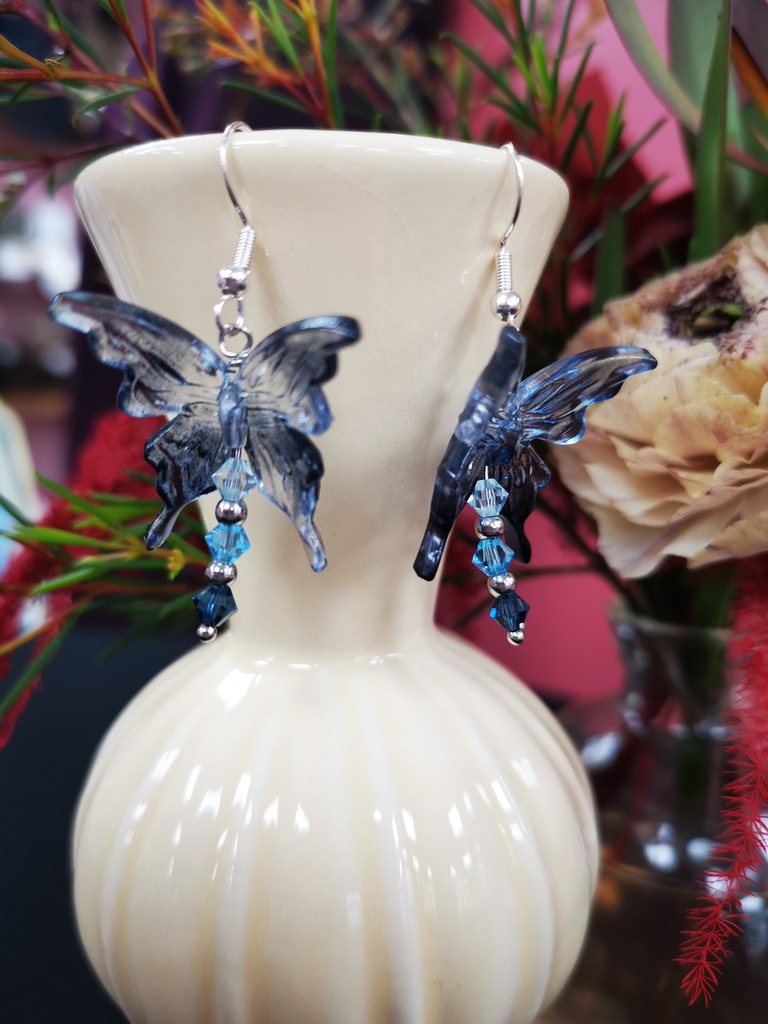 Boucles d'oreilles argentées Papillons bleu noir toupies PureCrystal tons Pacific