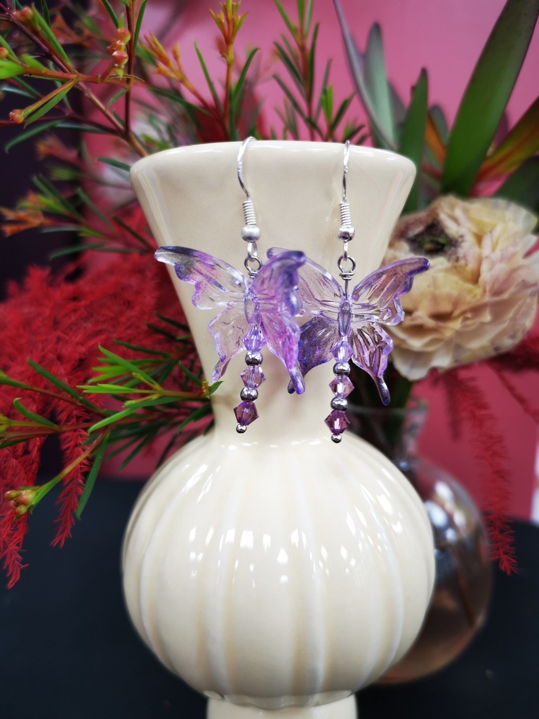 Boucles d'oreilles argentées Papillons mauve clair toupies PureCrystal tons Purple