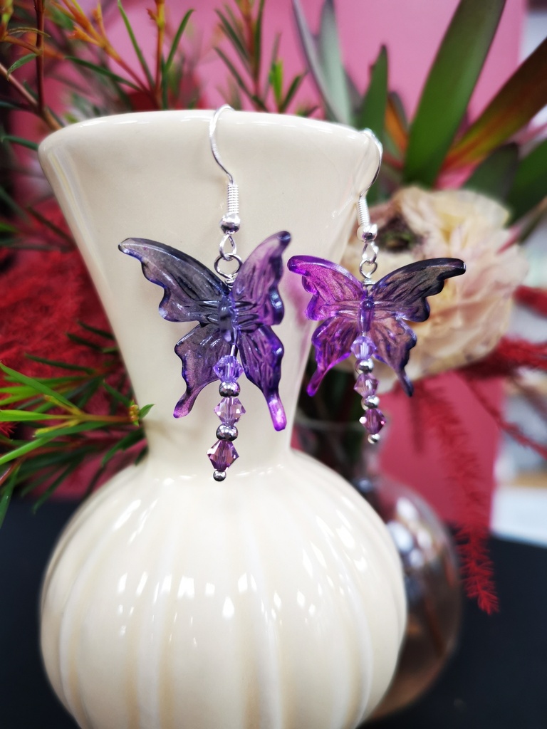 Boucles d'oreilles argentées Papillons mauve noir toupies tons Purple