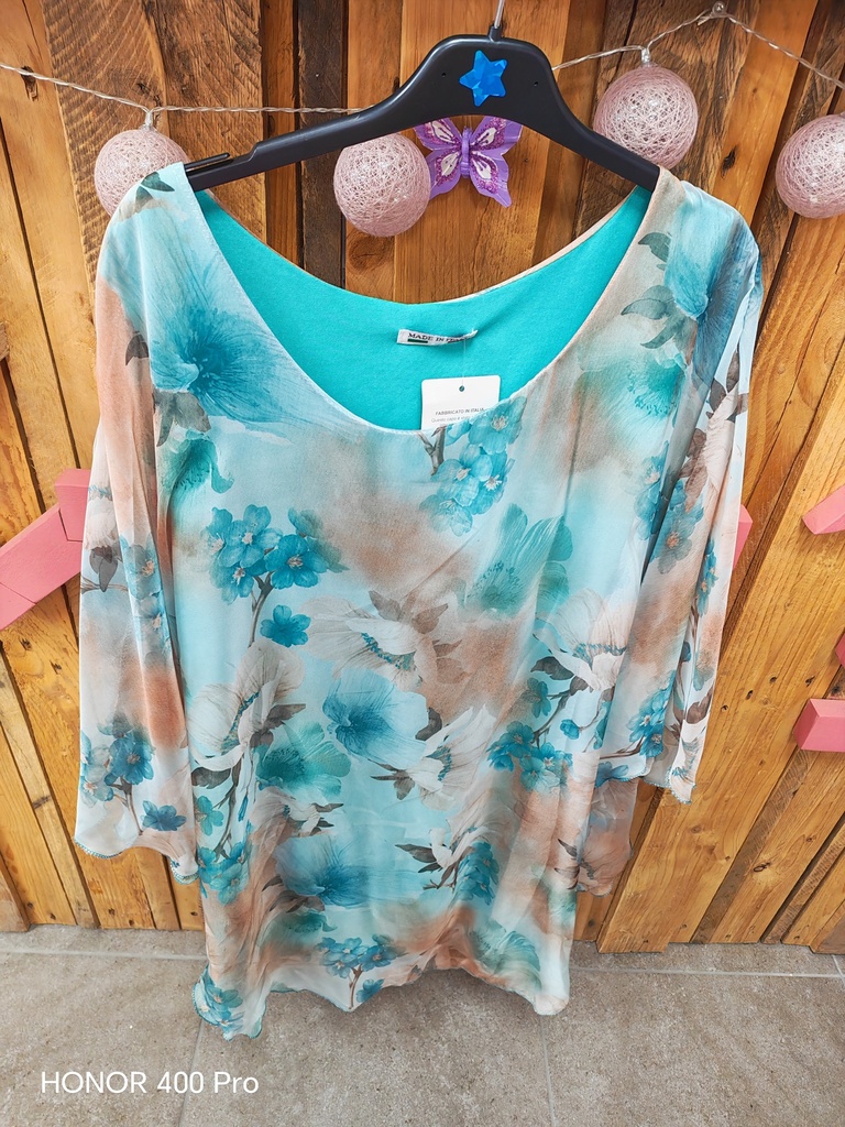 Blouse voile Amalya fleurie cyan vert