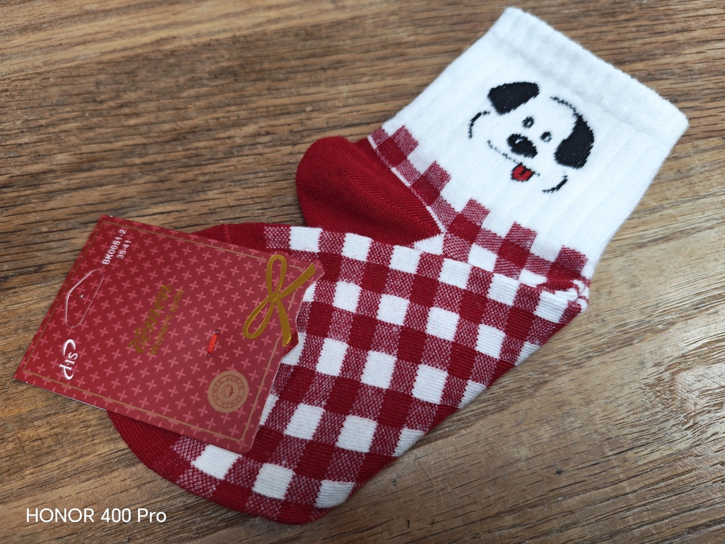 Chaussettes 35/41 - Chien carreaux blanc et rouge