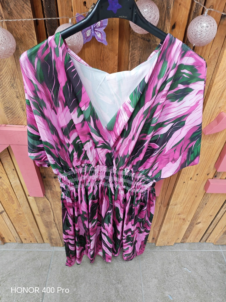 Robe courte "Plouma" petites manches Rose/Vert