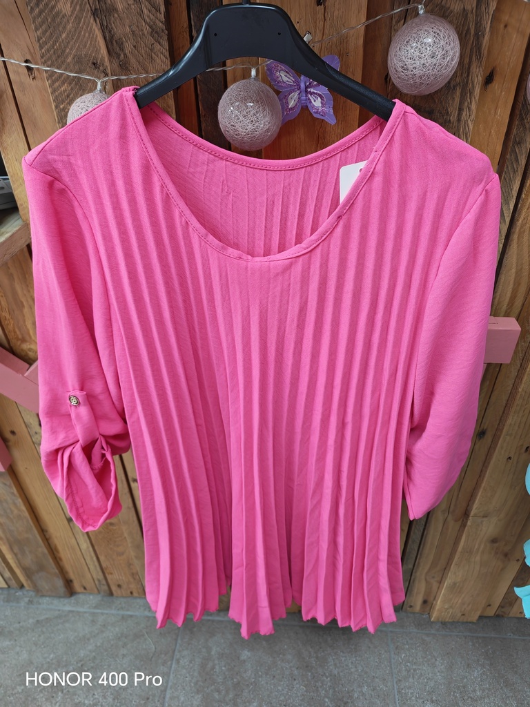 Blouse plissée "Varda" col rond fuchsia