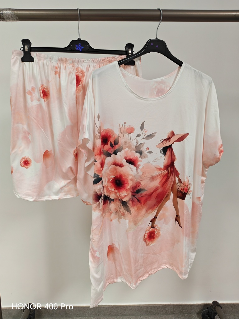 Pyjama-short Dame corail fleurs (T36-44)
