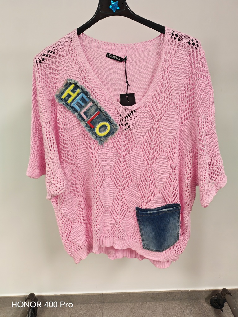 Pull "Hello" Rose mélange jeans