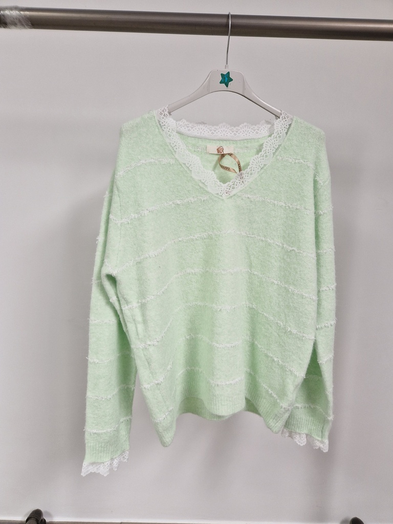 Pull vert pastel-blanc col dentelle