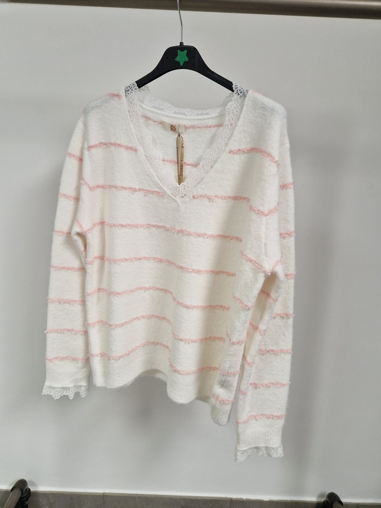 Pull rose pâle-blanc col dentelle