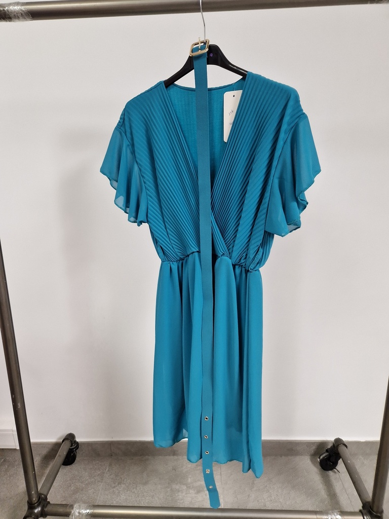 Robe courte unie et plissée + ceinture Turquoise