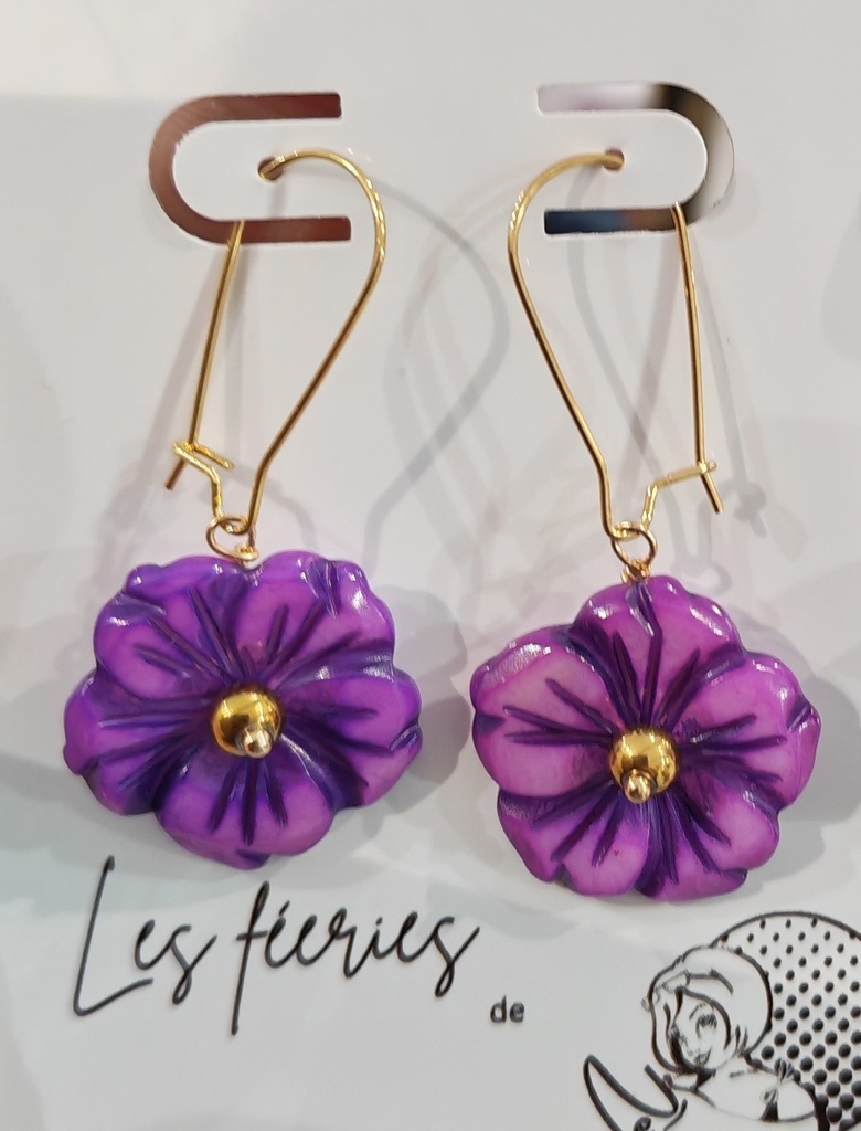 Dormeuses dorées 25mm Pensées nacrées mauve