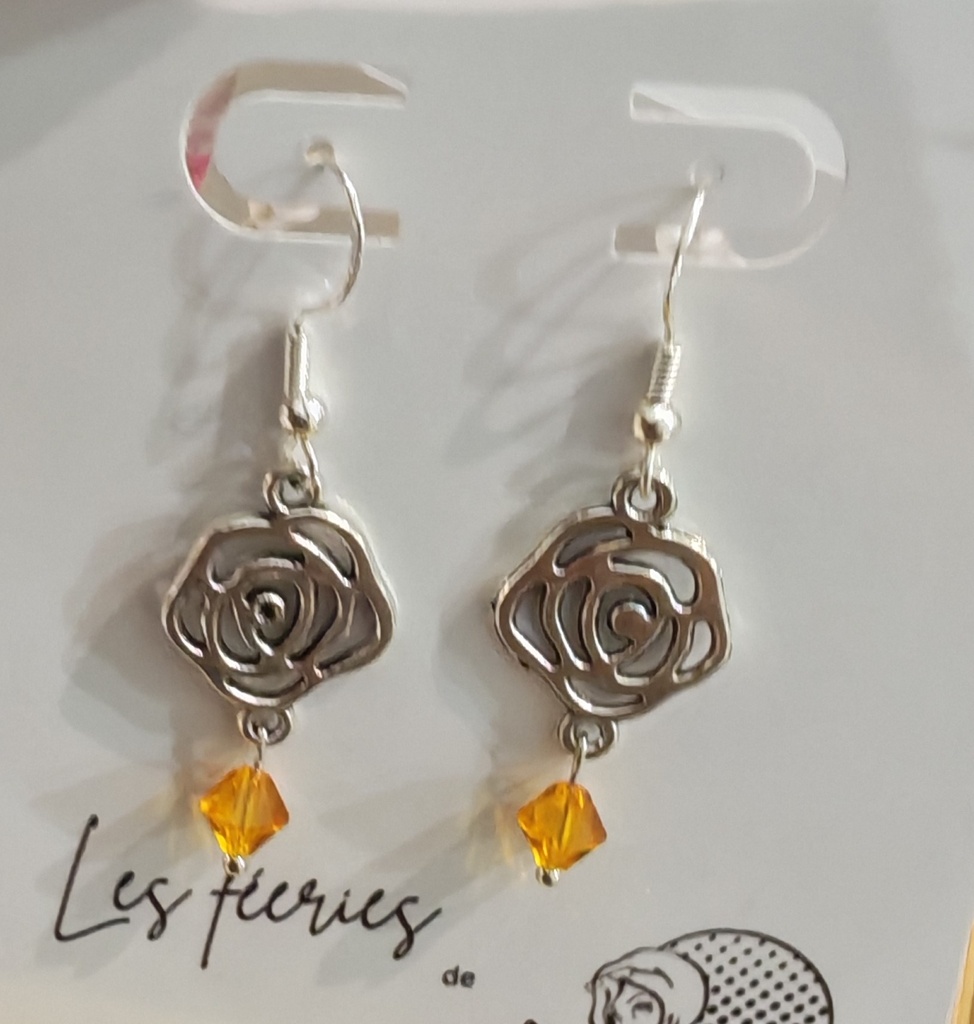 Boucles d'oreilles argentées fleurs et toupies Orange