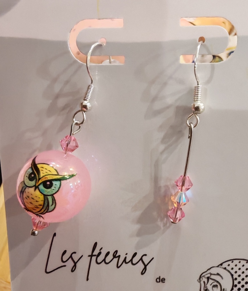 Boucles d'oreilles argentées asymétriques Hiboux Rose et toupies Rose & Light Peach
