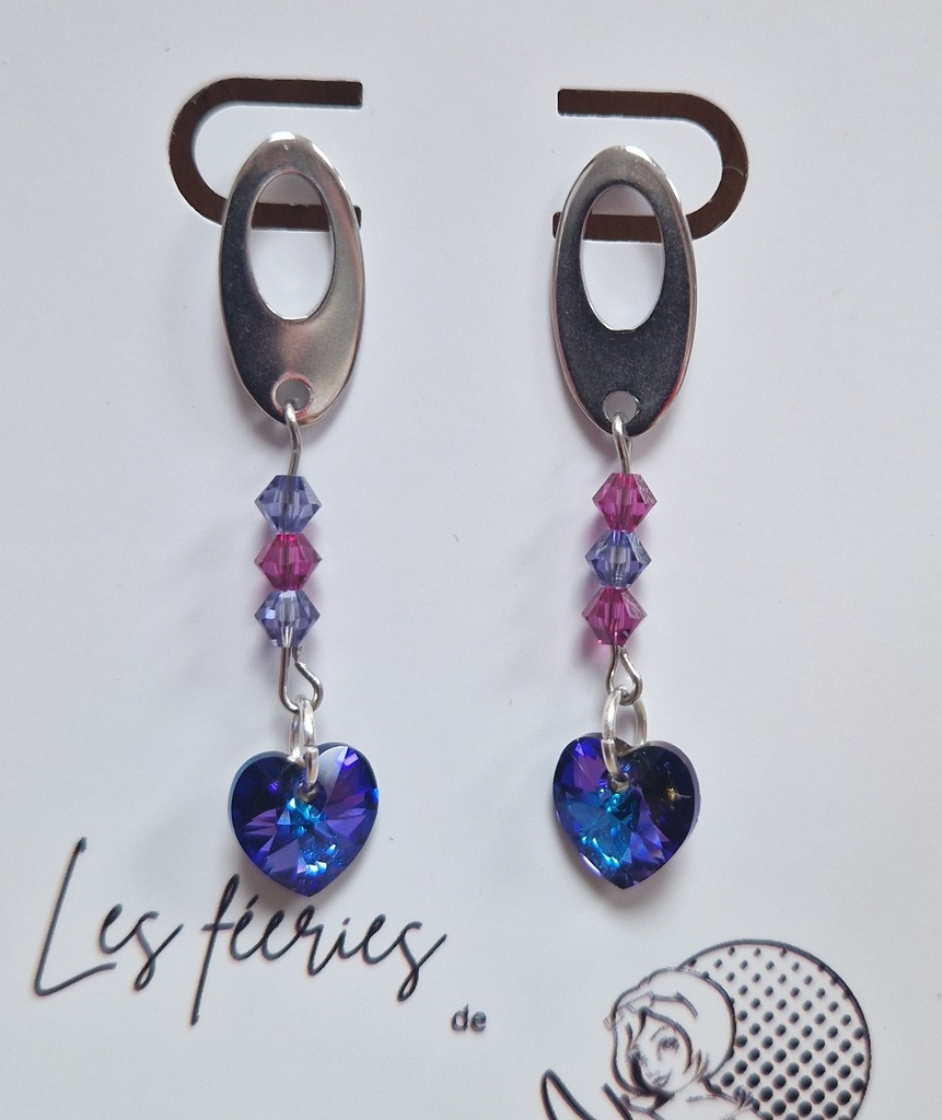 Boucles d'oreilles argentées toupies et cœurs Heliotrope