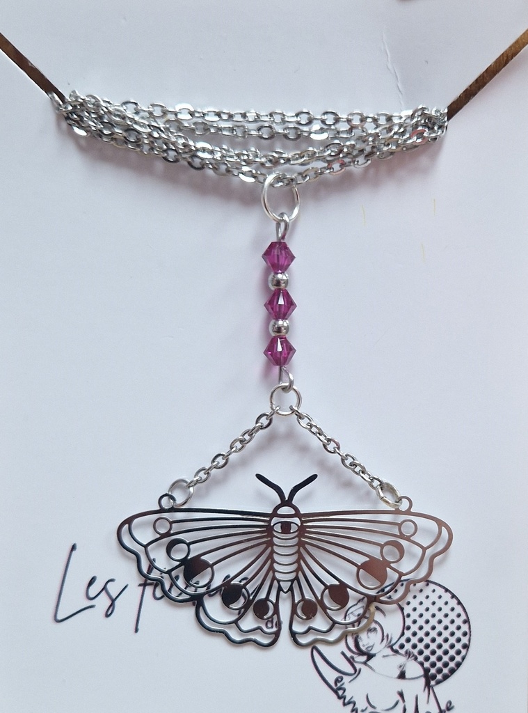 Collier argenté papillons cycle de lune toupies PureCrystal Fuchsia