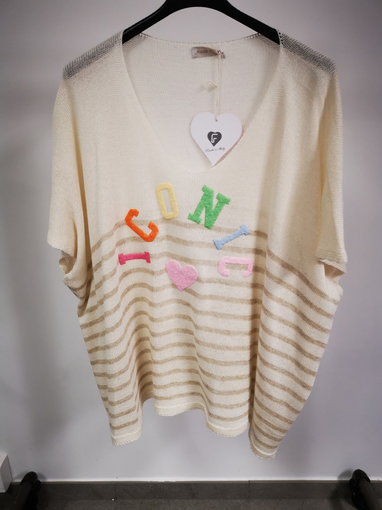 Pull manches courtes "Iconic" Ecru ligné beige