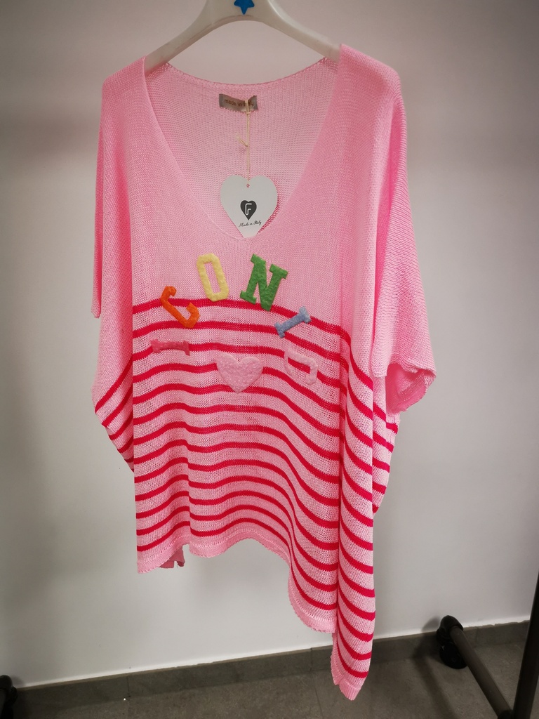 Pull manches courtes "Iconic" Rose ligné fuchsia 