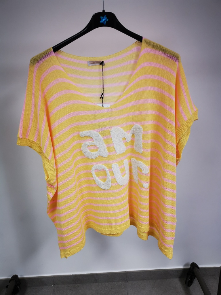 Pull léger ligné "Amour" jaune - rose pâle