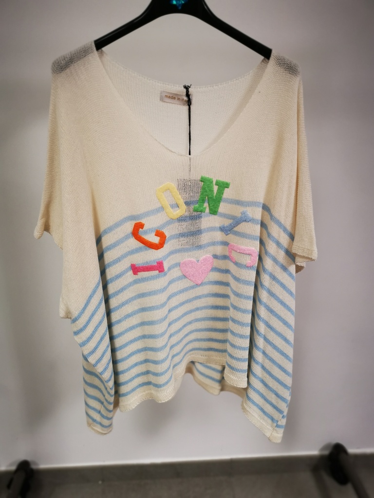 Pull manches courtes "Iconic" Ecru ligné bleu ciel