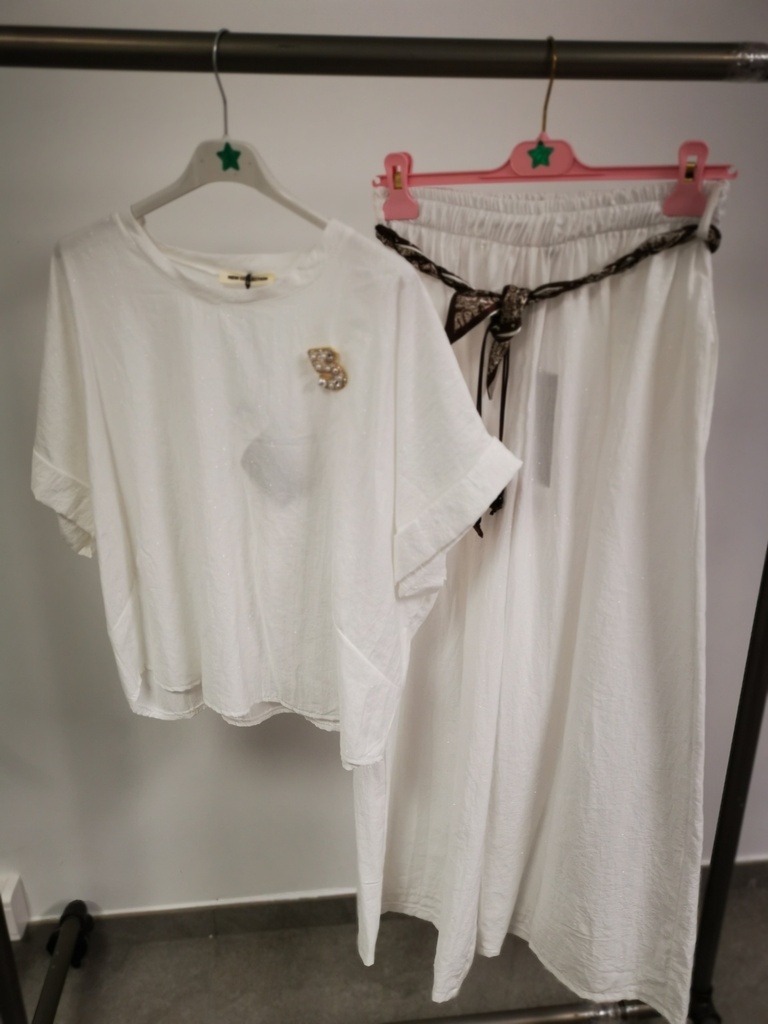 Ensemble "Shini" blanc paillettes fines argentées
