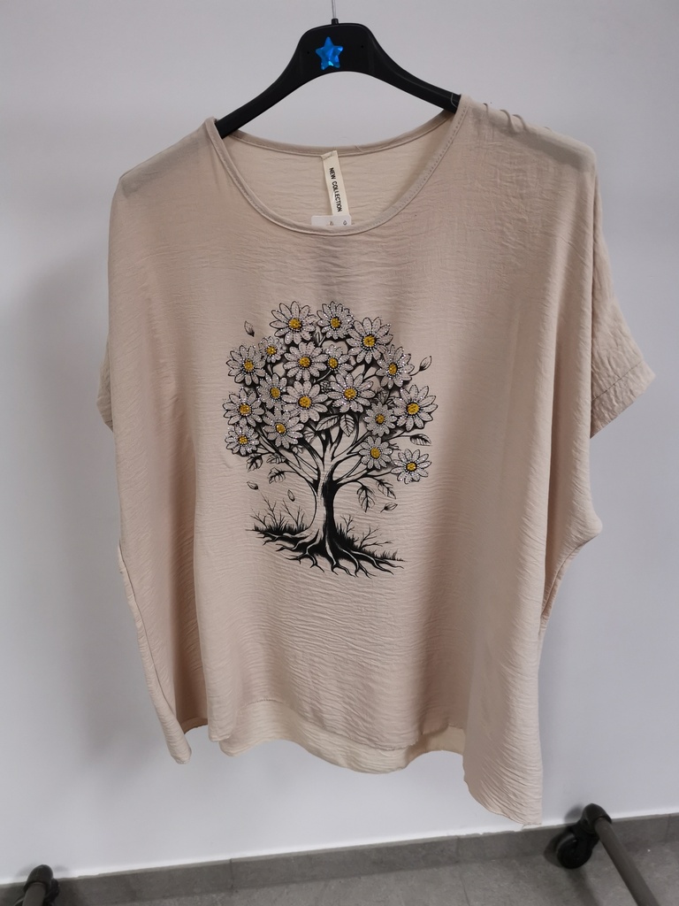 Blouse arbre de vie fleurs strass Beige