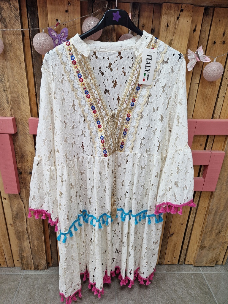 Robe bohème beige bord fuchsia