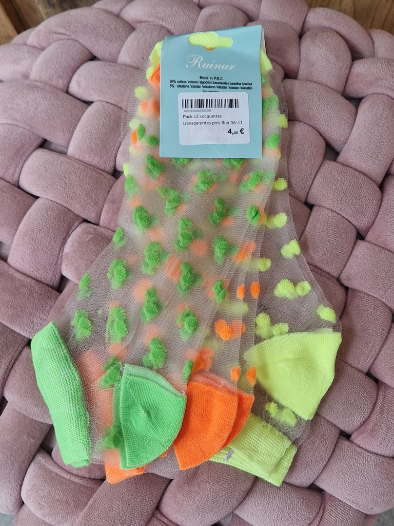 Pack x3 socquettes transparentes pois fluo 36-41 Jaune-orange-vert