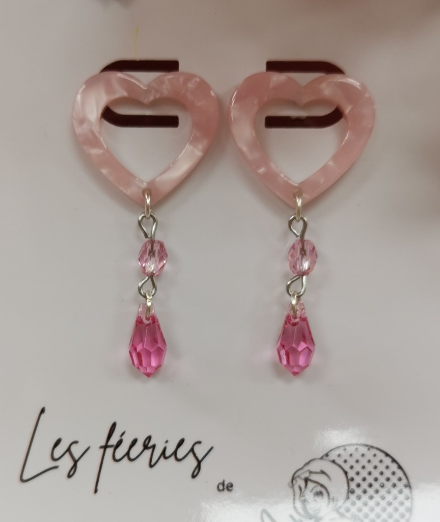 Clous d'oreilles cœurs écailles de tortue rose olivettes et gouttes Rose